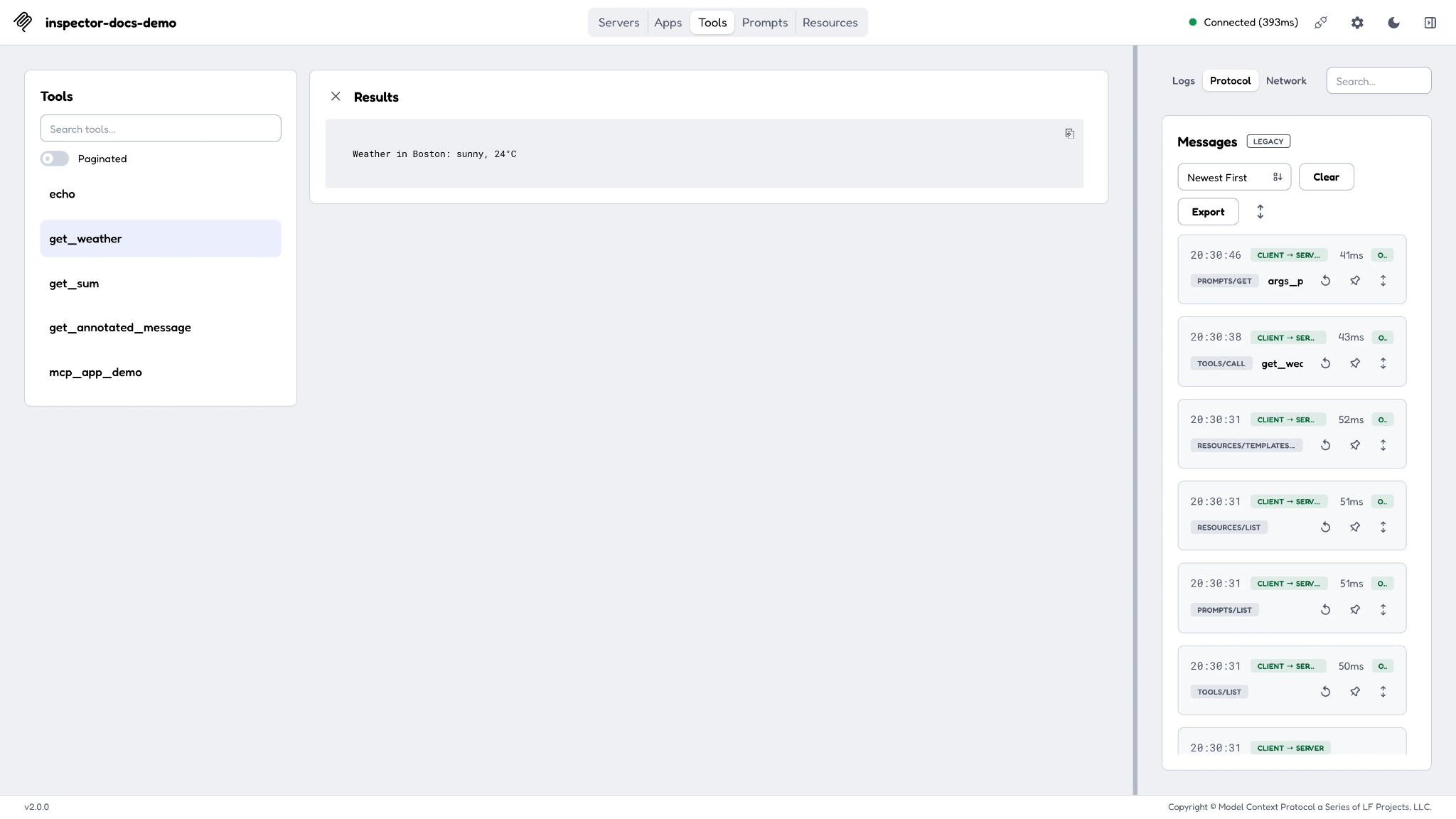 MCP Inspector web interface showing tool selection, results, and protocol message logs